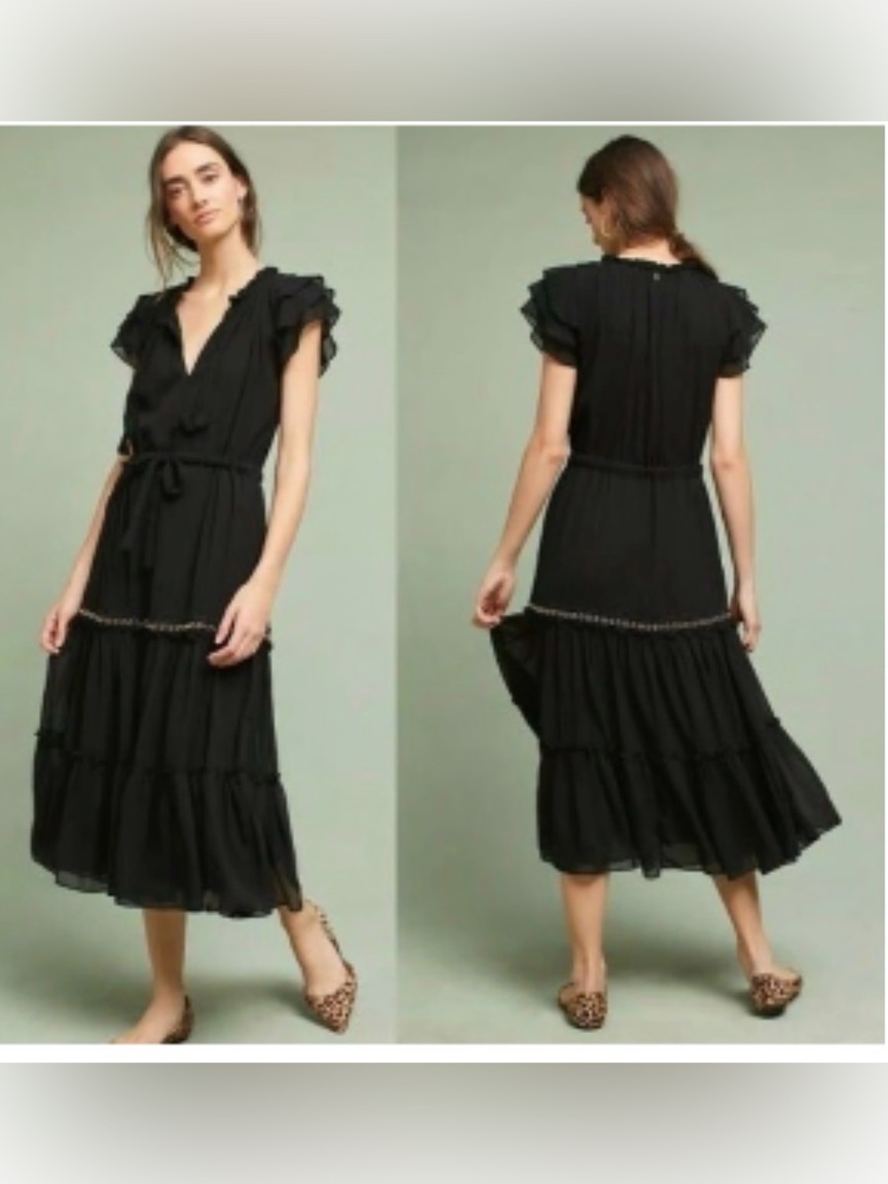Misa Los Angeles Black Ruffle Sleeve Tie-Waist Midi Dress